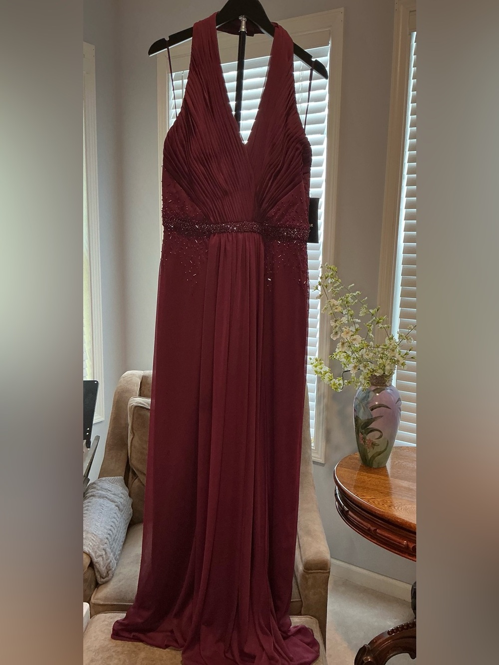 JS Boutique Burgundy Halter  Gown with Beaded Detail Waist